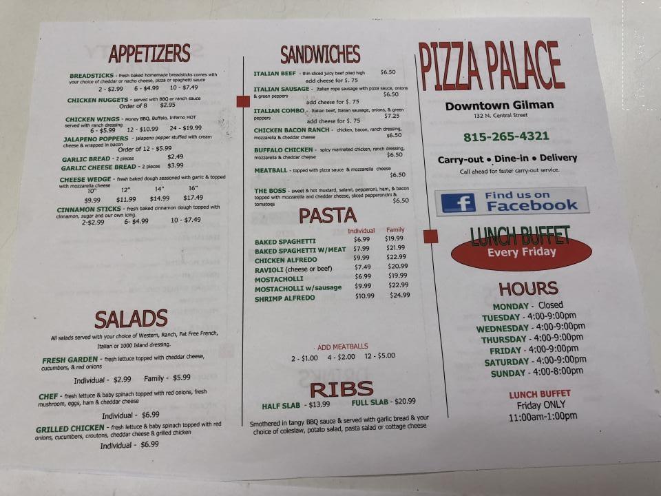 Menu of Pizza Palace in Gilman, IL 60938