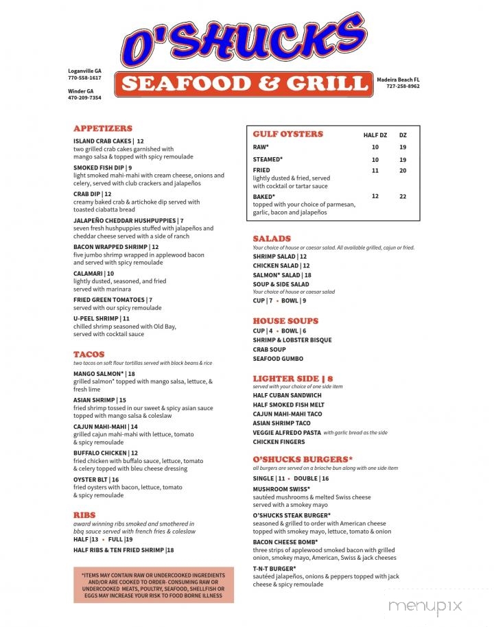 Menu of O' Shucks Seafood & Grill in Winder, GA 30680