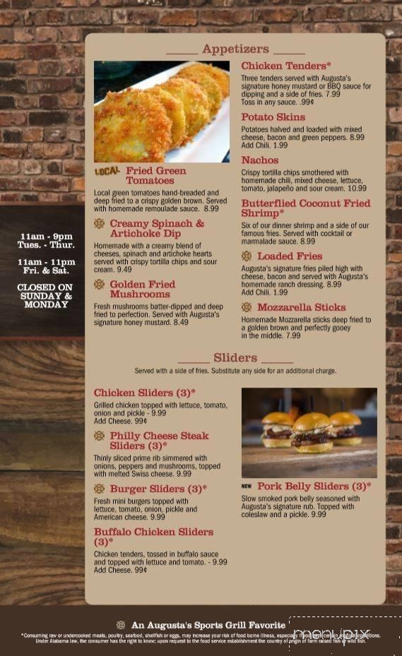Menu of Augusta's Sports Grill in Cullman, AL 35055