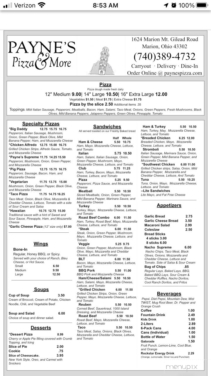 Online Menu of Paynes Pizza, Marion, OH