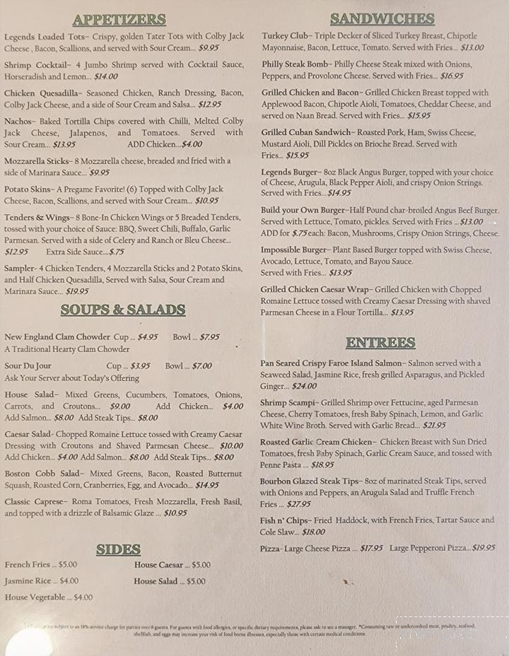 Menu of Legends Sports Bar Grille in Milford, MA 01757