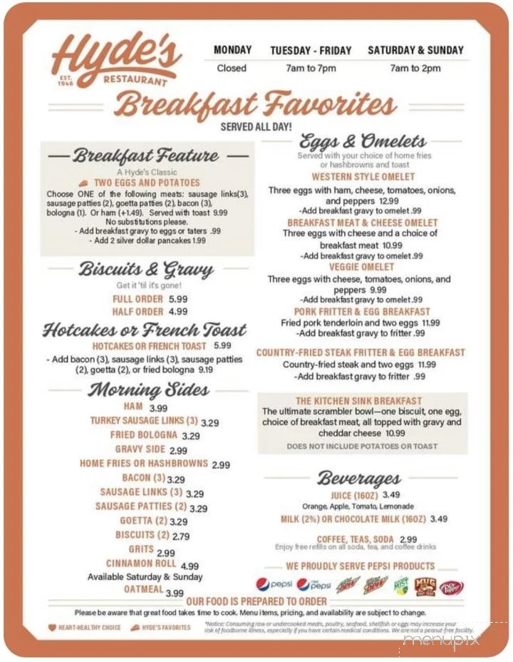 Menu of Hyde's Restaurant in Hamilton, OH 45011