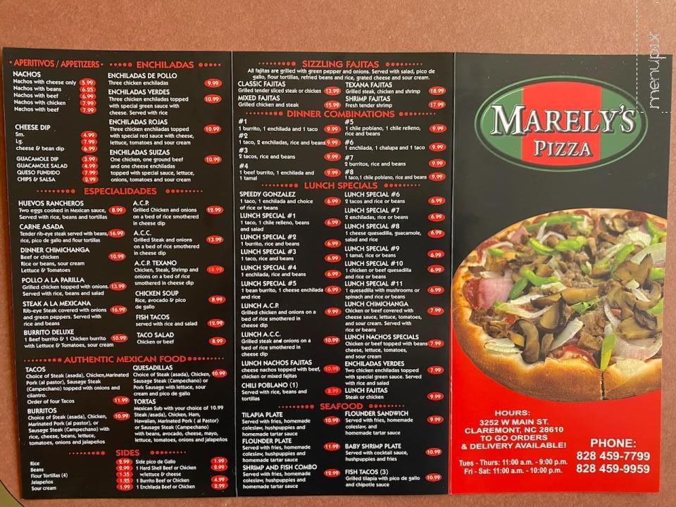 Online Menu of Marely's Pizza, Claremont, NC