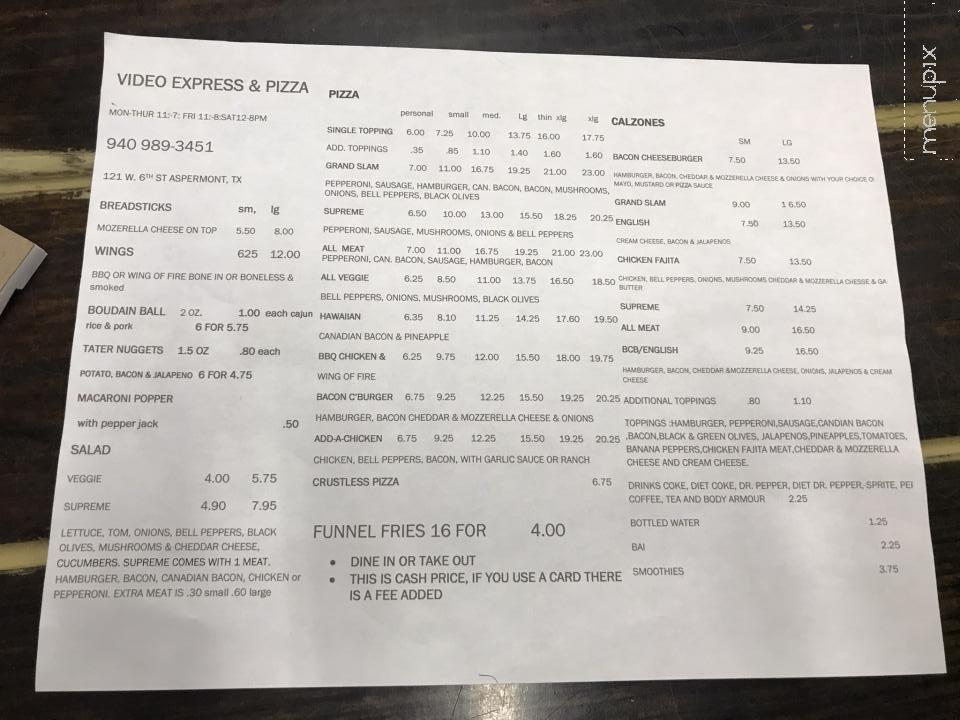 Online Menu of Video Express & Pizza, Aspermont, TX
