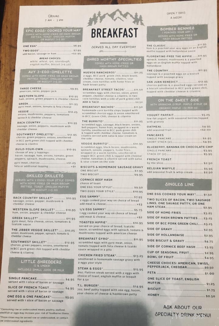 Menu of Backcountry Cafe in Gunnison, CO 81230