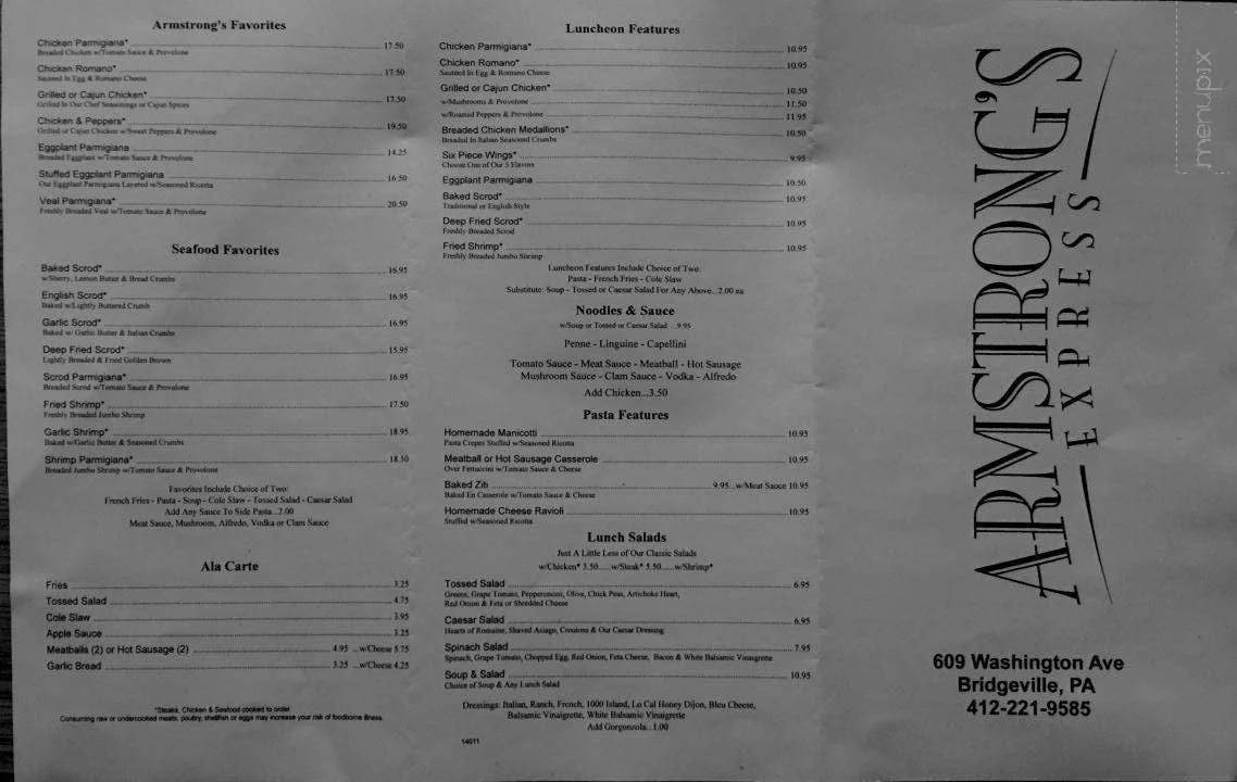 Menu of Armstrong's Express in Bridgeville, PA 15017