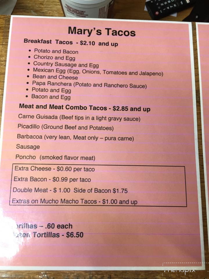 Online Menu of Mary's Tacos, Kerrville, TX