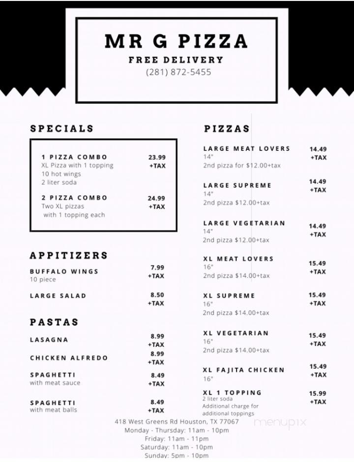 Online Menu of Mr G's Pizza, Houston, TX