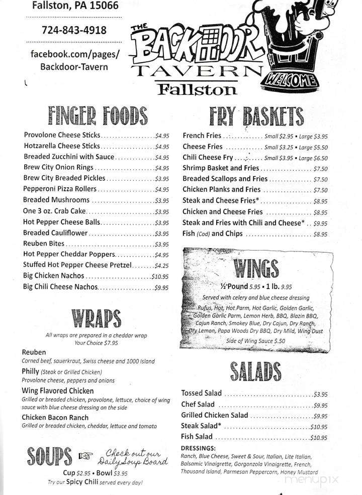 Menu of Back Door Tavern in New Brighton, PA 15066