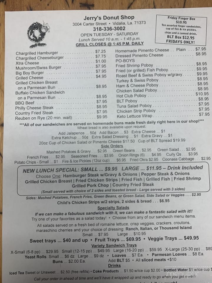 Menu of Jerrys Donut Shop in Vidalia, LA 71373