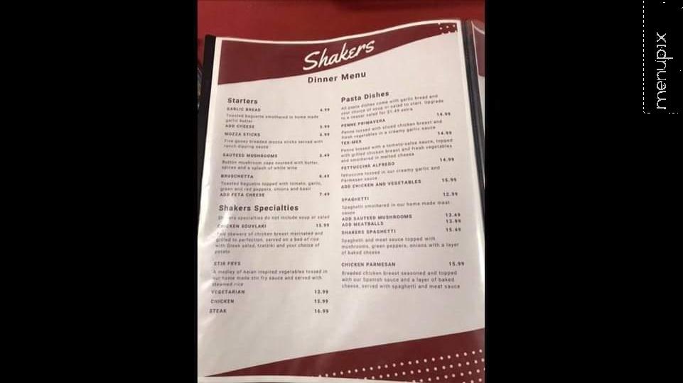 Menu of Shakers Family Restaurant in Plattsville, ON N0J 1S0