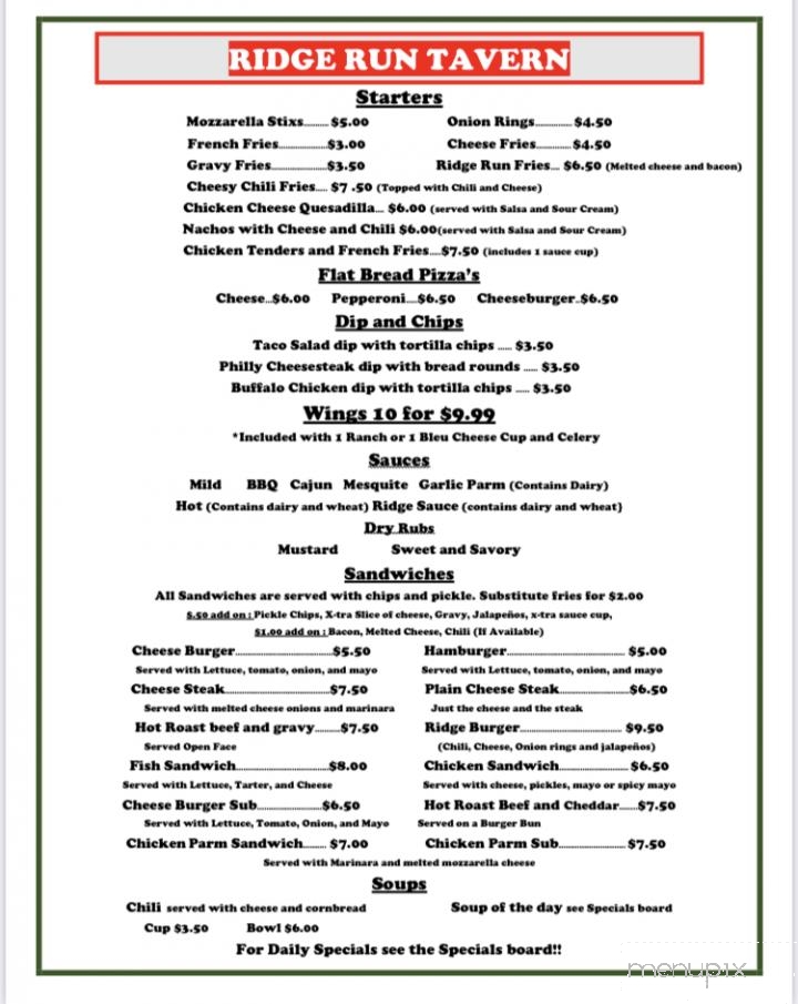 Menu of Ridge Run Tavern in Elizabethtown, PA 17022