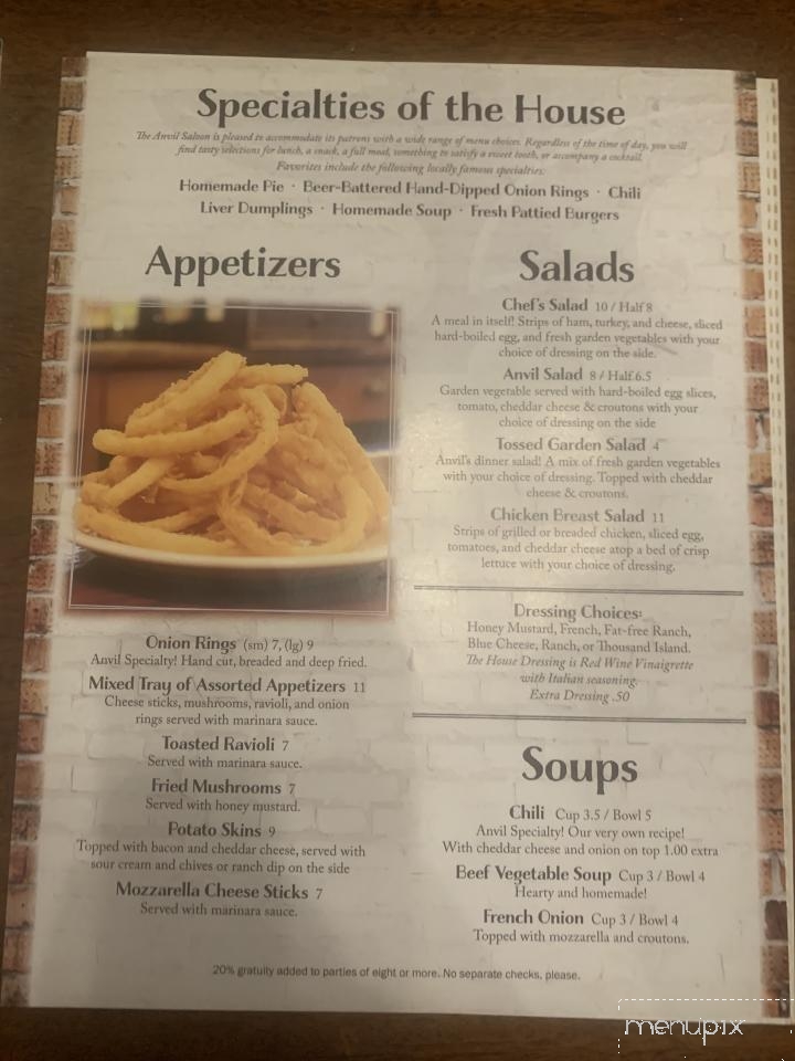 Menu of Anvil Restaurant & Saloon in Sainte Genevieve, MO 63670