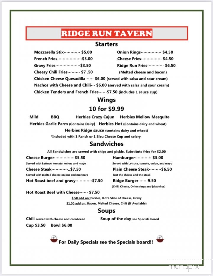 Menu of Ridge Run Tavern in Elizabethtown, PA 17022