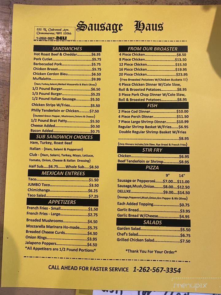 Menu of The Sausage Haus in Oconomowoc, WI 53066