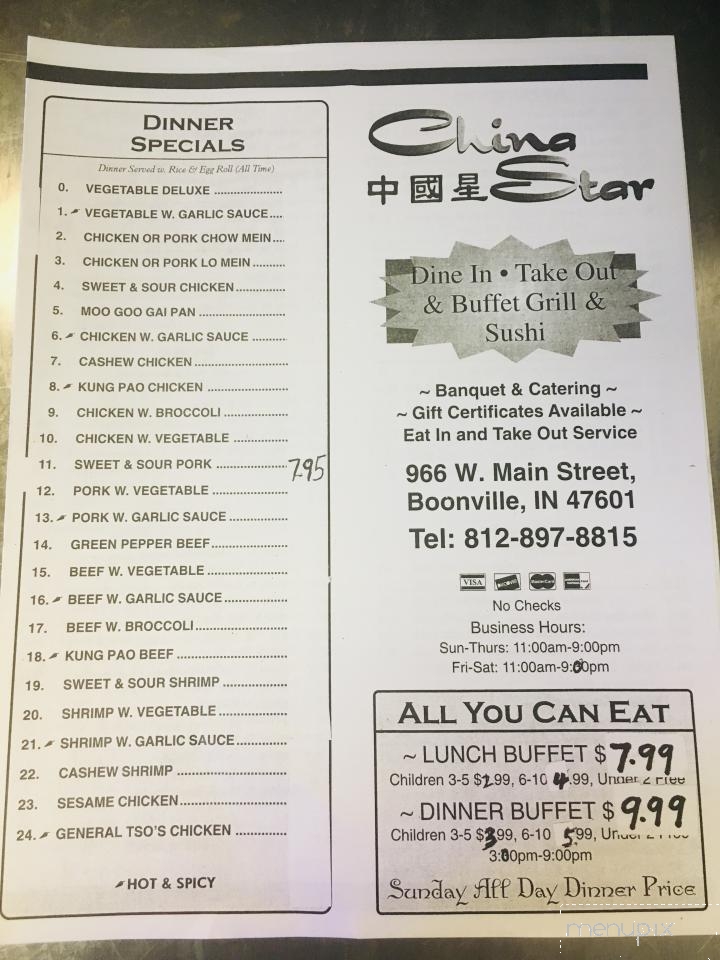 Menu of China Star in Boonville, IN 47601