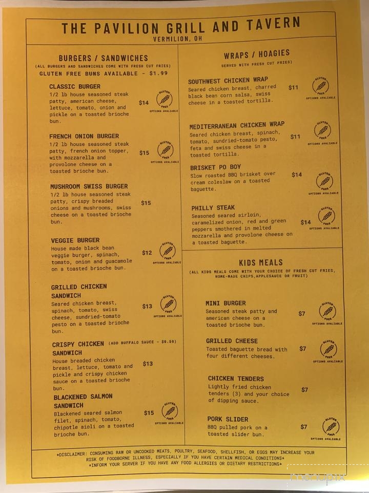 Online Menu of The Pavilion Grill, Vermilion, OH