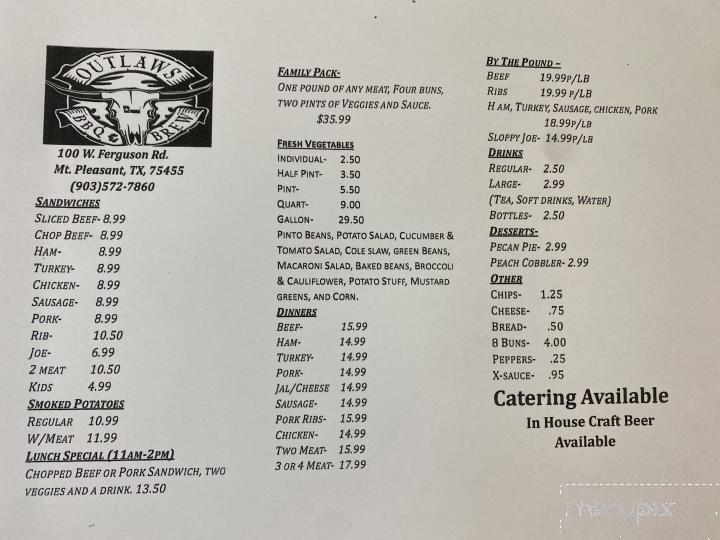 Menu of Outlaws BarBQue in Mount Pleasant, TX 75455