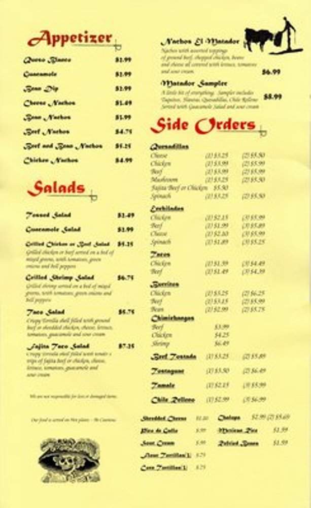 Menu of El Matador Mexican Grill and Bar in Fayetteville, AR 72704