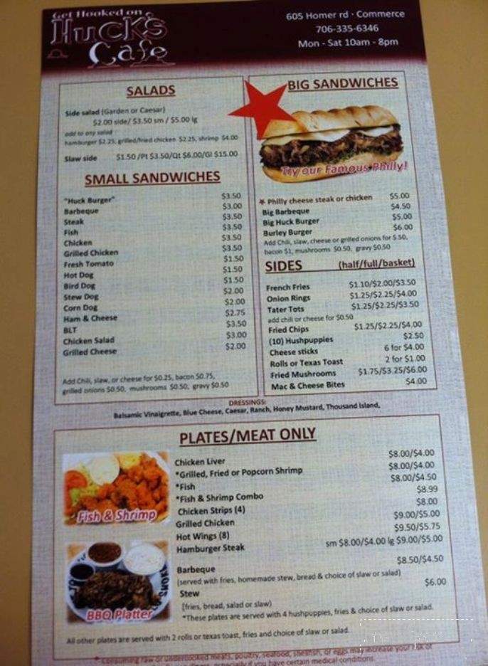 Menu of Huck's Cafe in Commerce, GA 30529