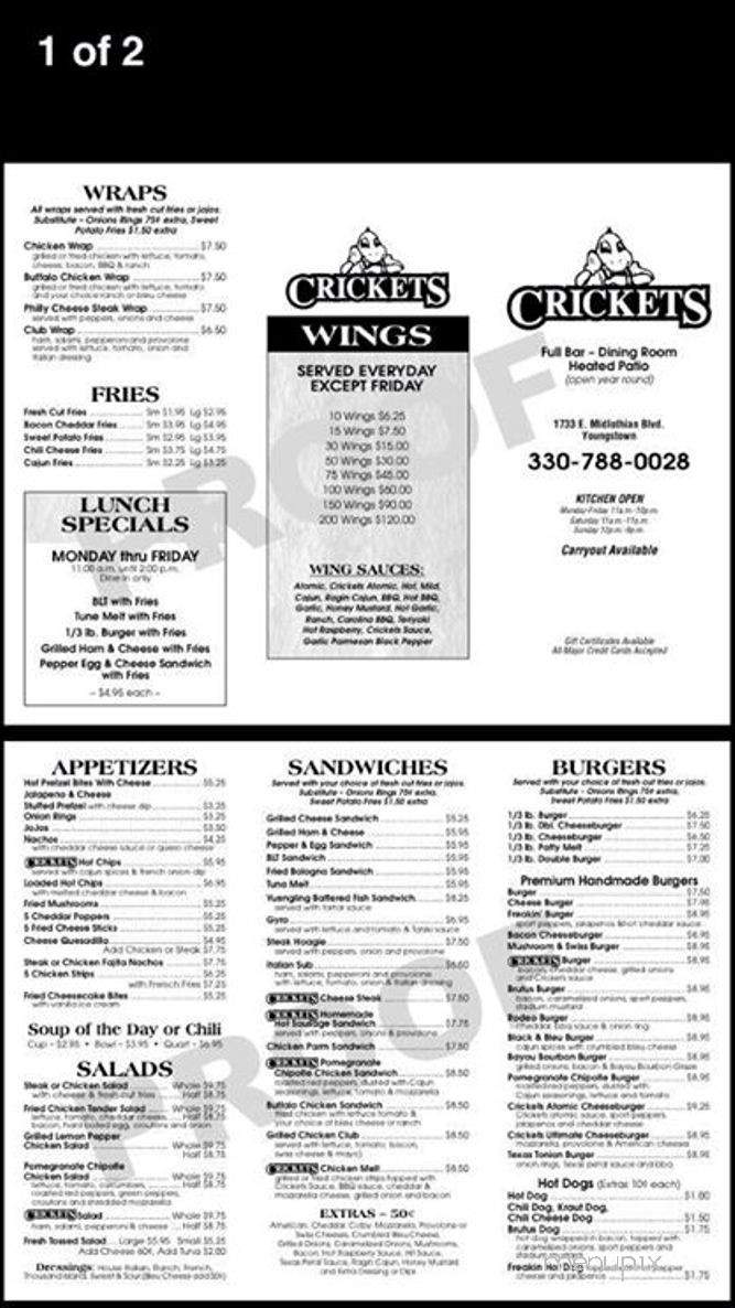 Menu of Crickets in Youngstown, OH 44502