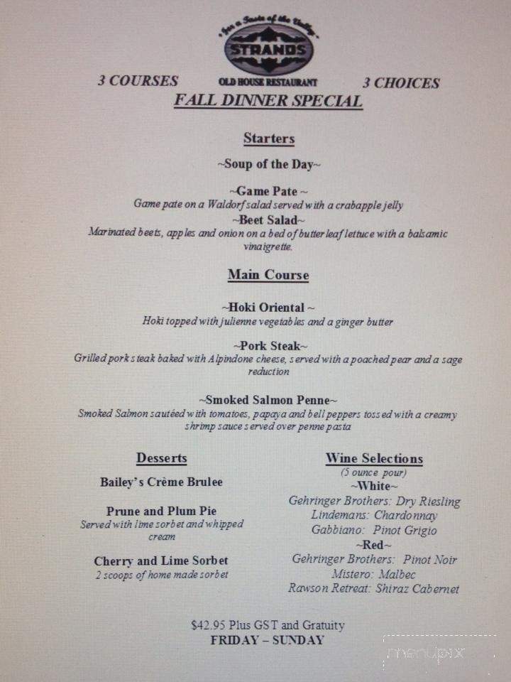Menu of Strand's Old House Restaurant in Invermere, BC V0A 1A0