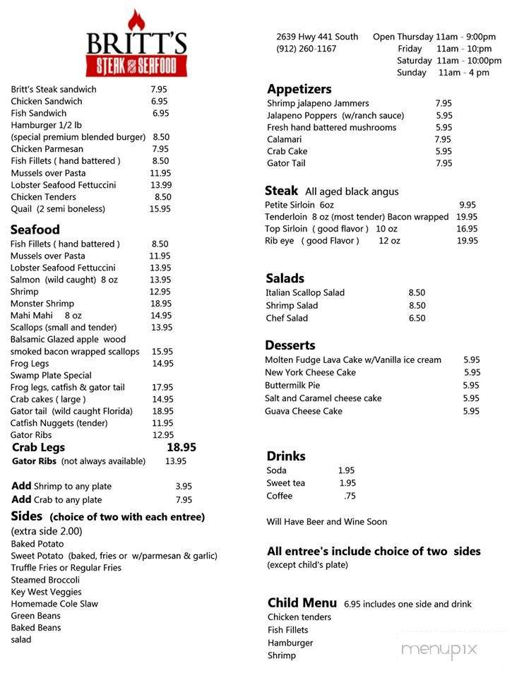 Menu of Britt's Steak & Seafood in Douglas, GA 31533