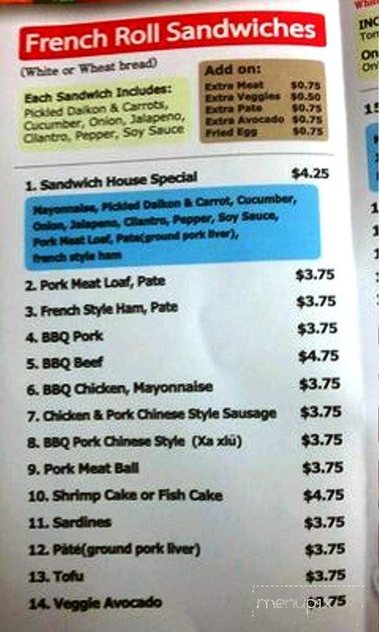 Menu of Sandwich House in Cypress, CA 90630