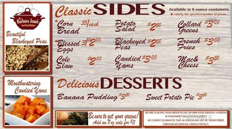 Menu of Miss Barbara Jean's Soul Food Kitchen in Norwalk, CT 06851