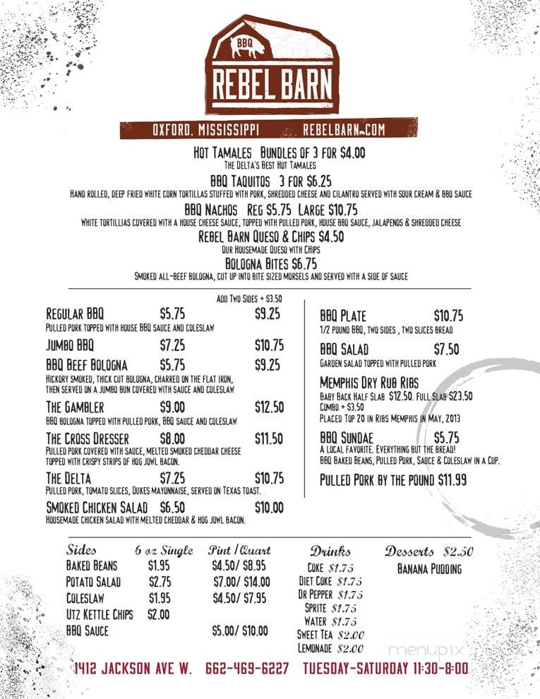 Menu of Rebel Barn in Oxford, MS 38655