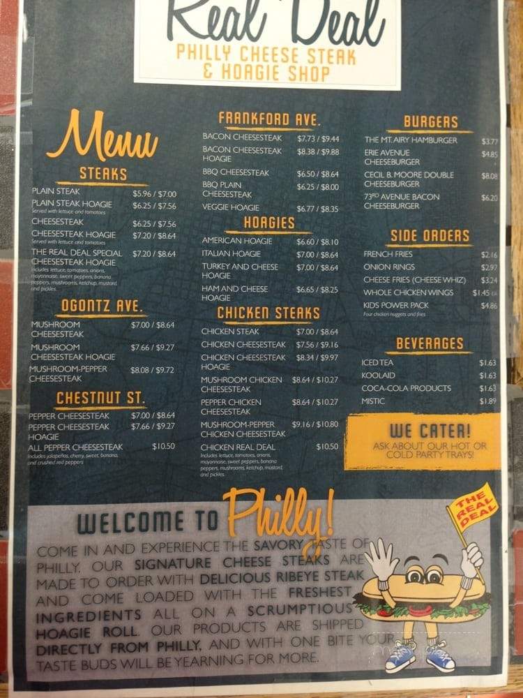 Menu of Real Deal the II Philly Cheesesteak Shop in Boiling Springs, SC