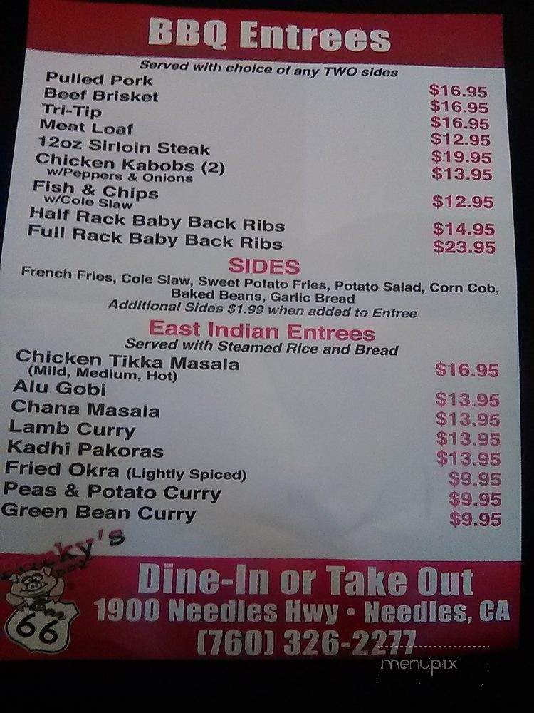 Online Menu of Porky's BBQ & 66 Bar, Needles, CA