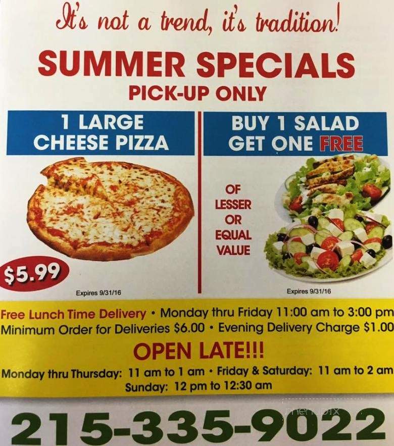 Menu of Original Boston Style Pizza 2 in Philadelphia, PA 19114