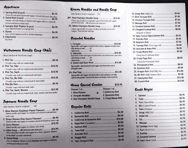 Menu of Noodle California in Williams Lake, BC V2G 0A6