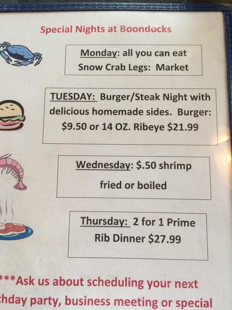 Menu of Boondocks in Saint Helena Island, SC 29920