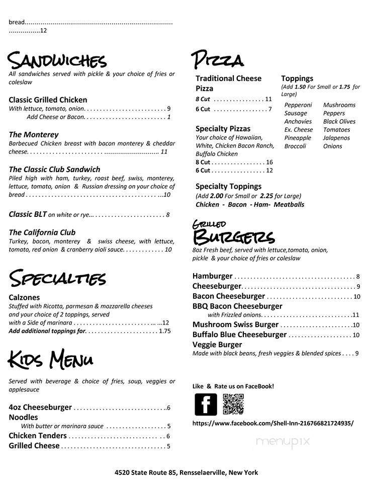 Menu of Shell Inn in Westerlo, NY 12193