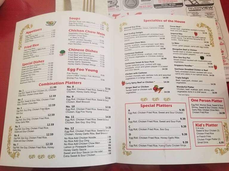 Menu of Tai Sun Restaurant in Grand FallsWindsor, NL A2A 1X2