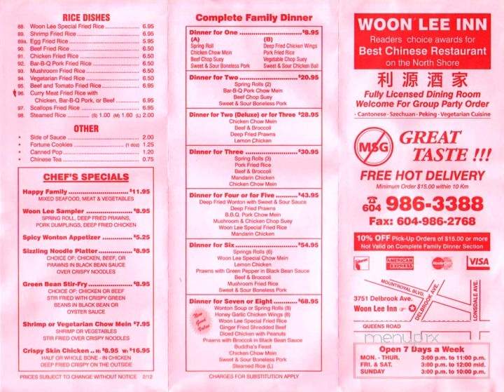 Menu of Woon Lee Inn Restaurant in North Vancouver District, BC V7N 2Z7