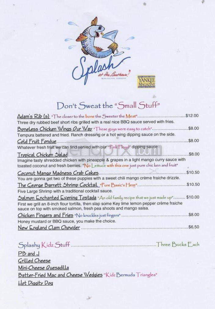 Menu of Splash At The Boathouse in Burlington, VT 05401