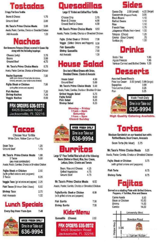 Menu of Mr Taco in Galveston, TX 77550