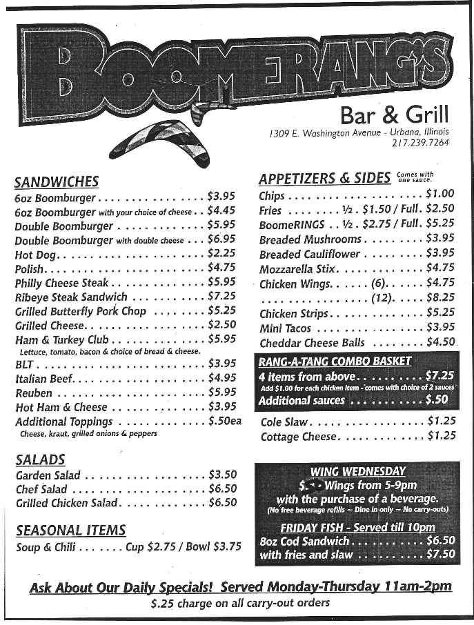 Menu of Boomerang's Bar & Grill in Urbana, IL 61802