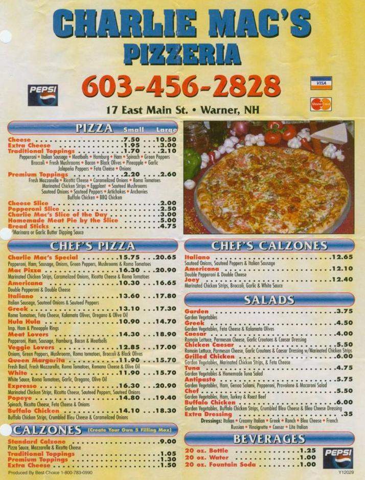 Menu of Charlie Mac's Pizzeria in Warner, NH 03278