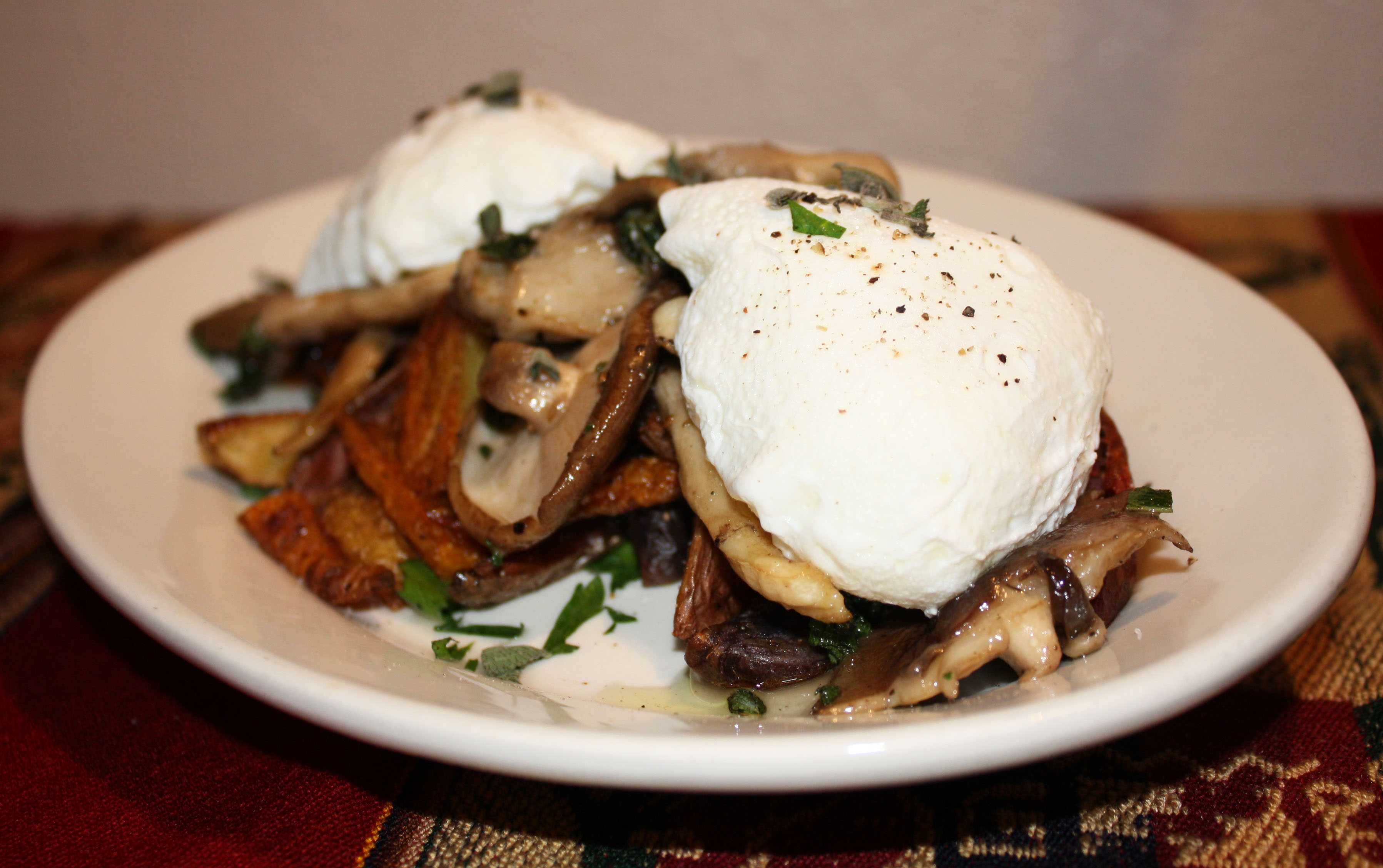 Locally Sourced Meals Oyster and shiitake mushrooms adds to breakfast