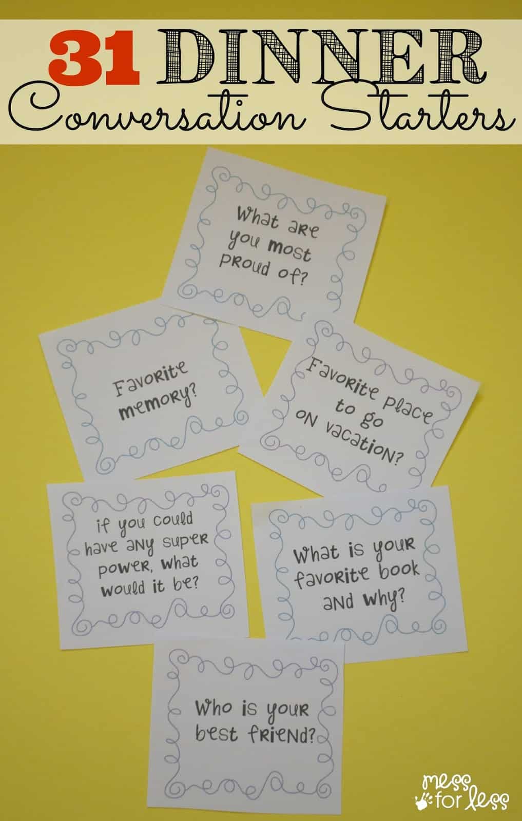 31 Dinner Conversation Starters Free Printable Mess for Less
