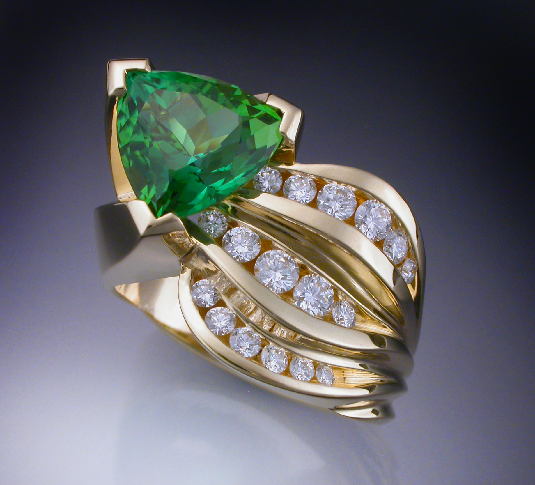 18k Gold Ring with Trillion Cut Tourmaline & Diamonds Metamorphosis