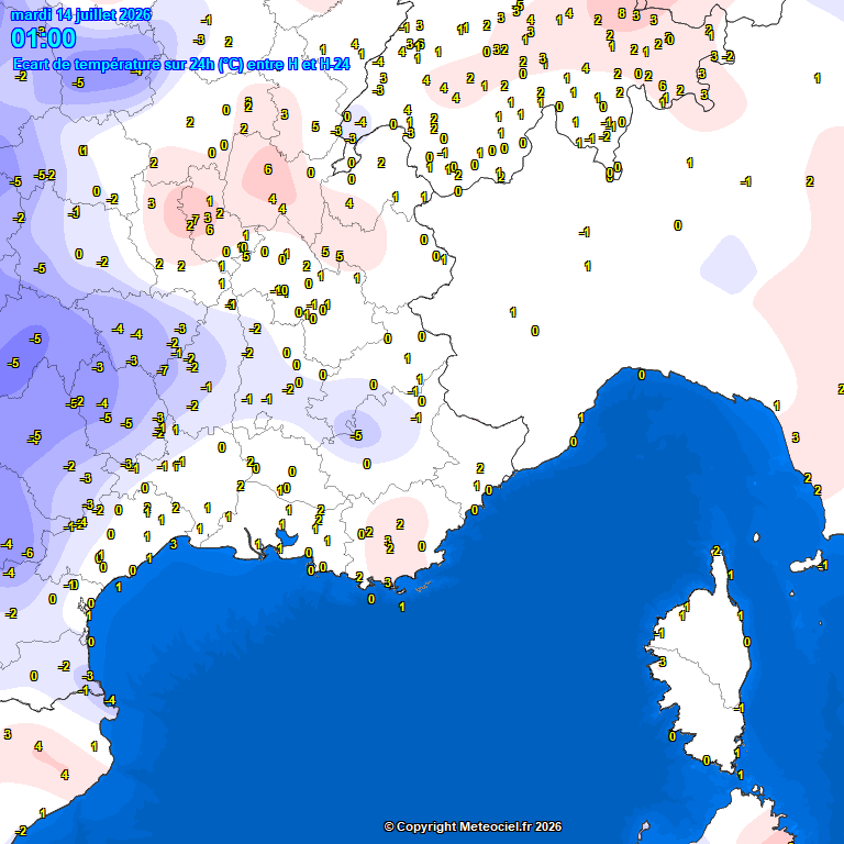 Meteociel Ecart de températures en 24h en Zoom SudEst France
