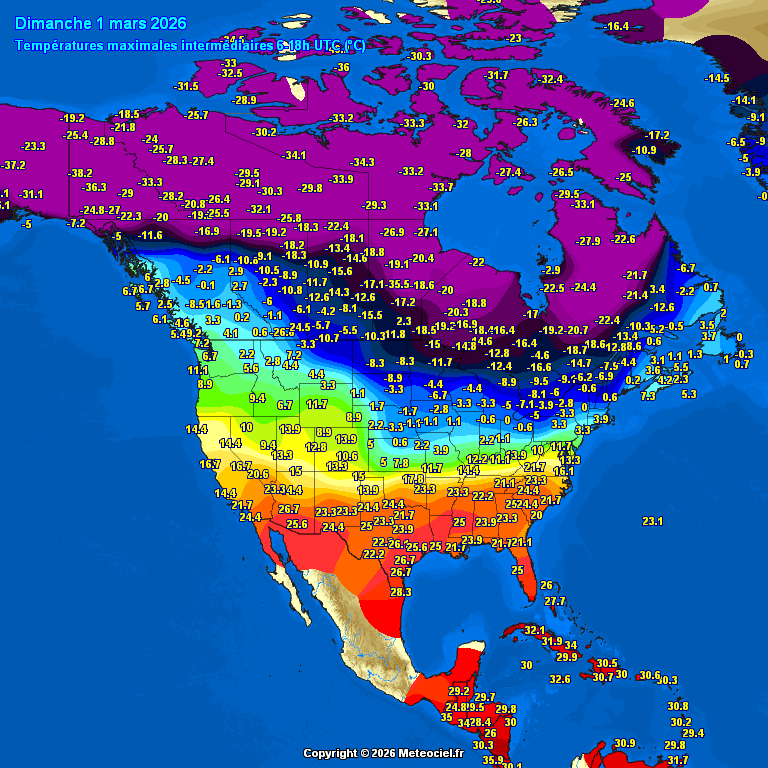 Meteociel Températures maximales de la veille en USA