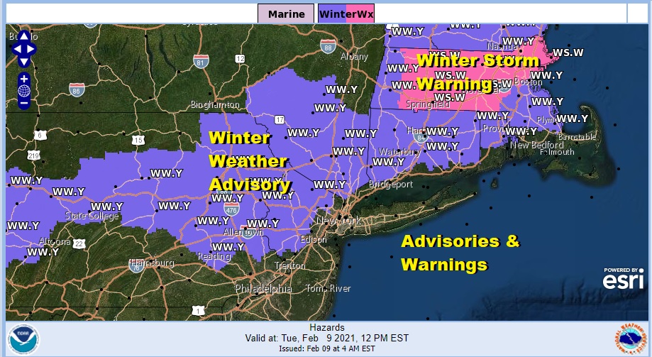 Snow Today Winter Weather Advisory Northeast PA, Northern NJ, Hudson