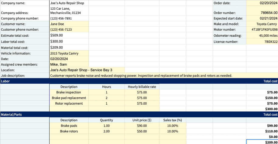Printable Auto Repair Work Order Template — Method