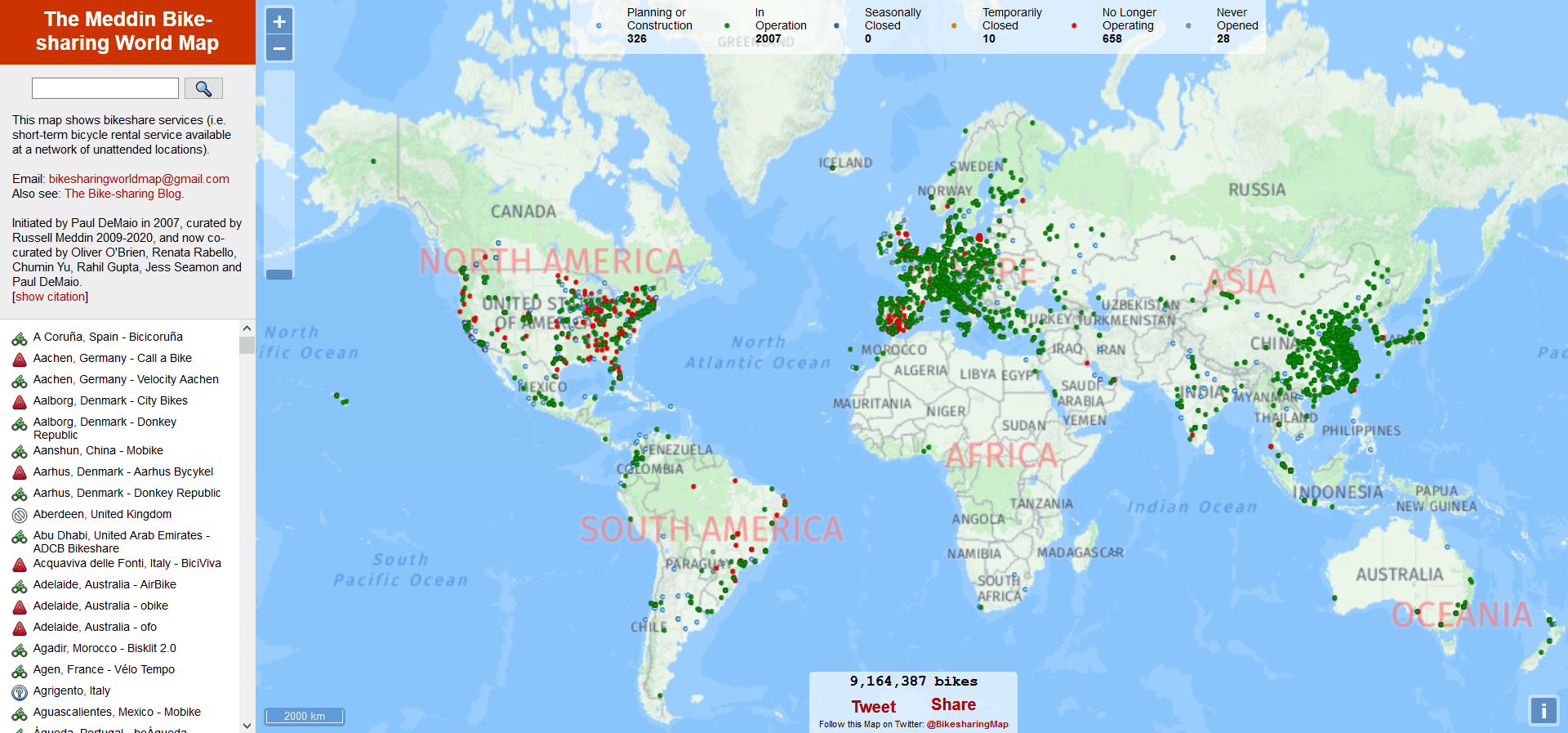 Bike Sharing World Map The Meddin Bikesharing World Map MetroBike, LLC
